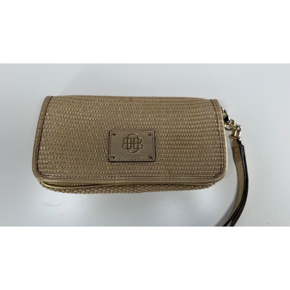 Dana Buchman Woven Straw Raffia Wristlet Clutch Gold Zebra Lining DB Purse